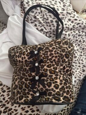 Leopard Print Faux Fur Handbag with Rhinestone Bows